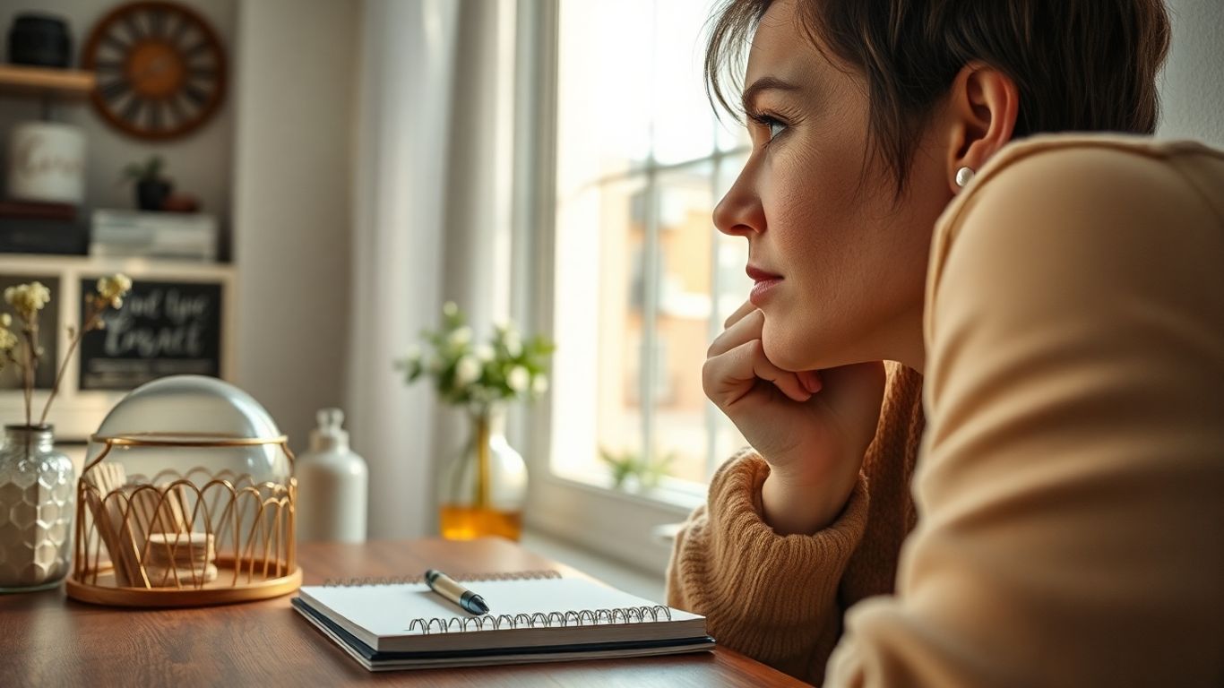 Person gazing out window in morning light, thinking.
