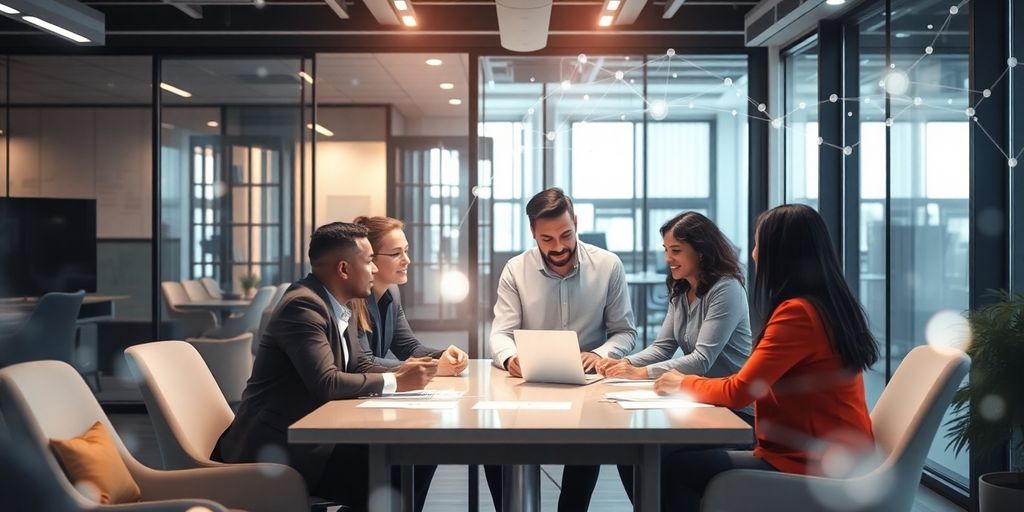 Diverse people collaborating, illuminated by glowing data.
