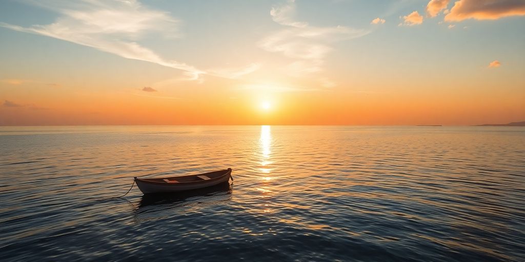 Coucher de soleil doré sur la mer tranquille.