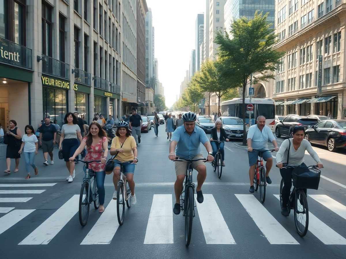 Pietoni și bicicliști traversând o stradă aglomerată