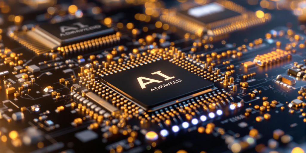 Advanced AI chips with intricate circuitry on a reflective surface.