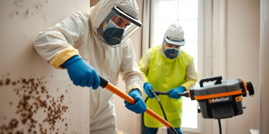 Professional mold remediation team working in protective gear.