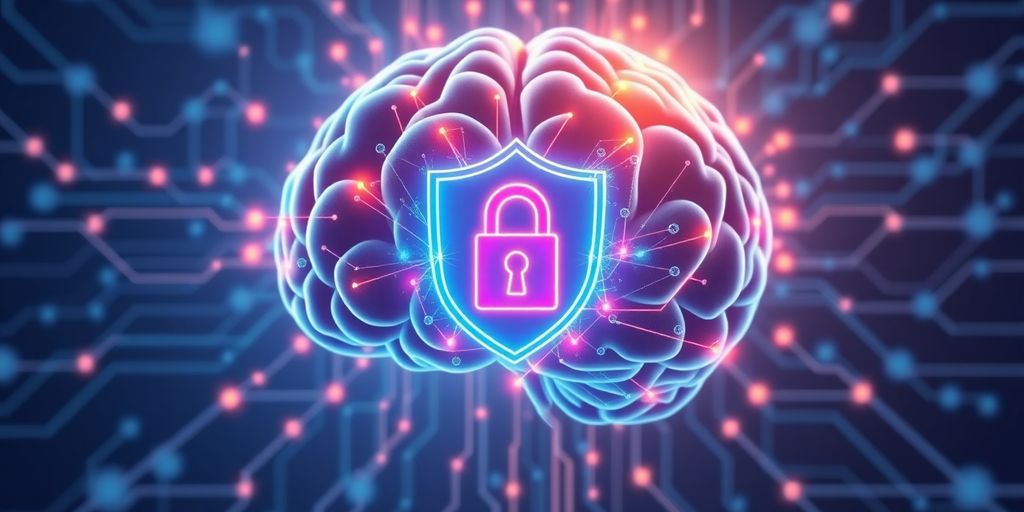 Digital brain with cybersecurity shield and lock.