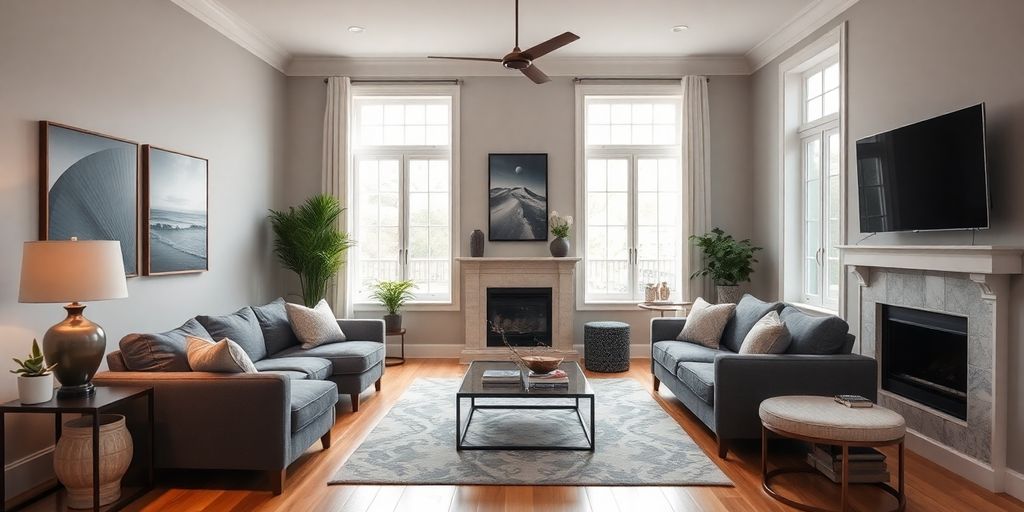 Modern living room with smart home technology and decor.