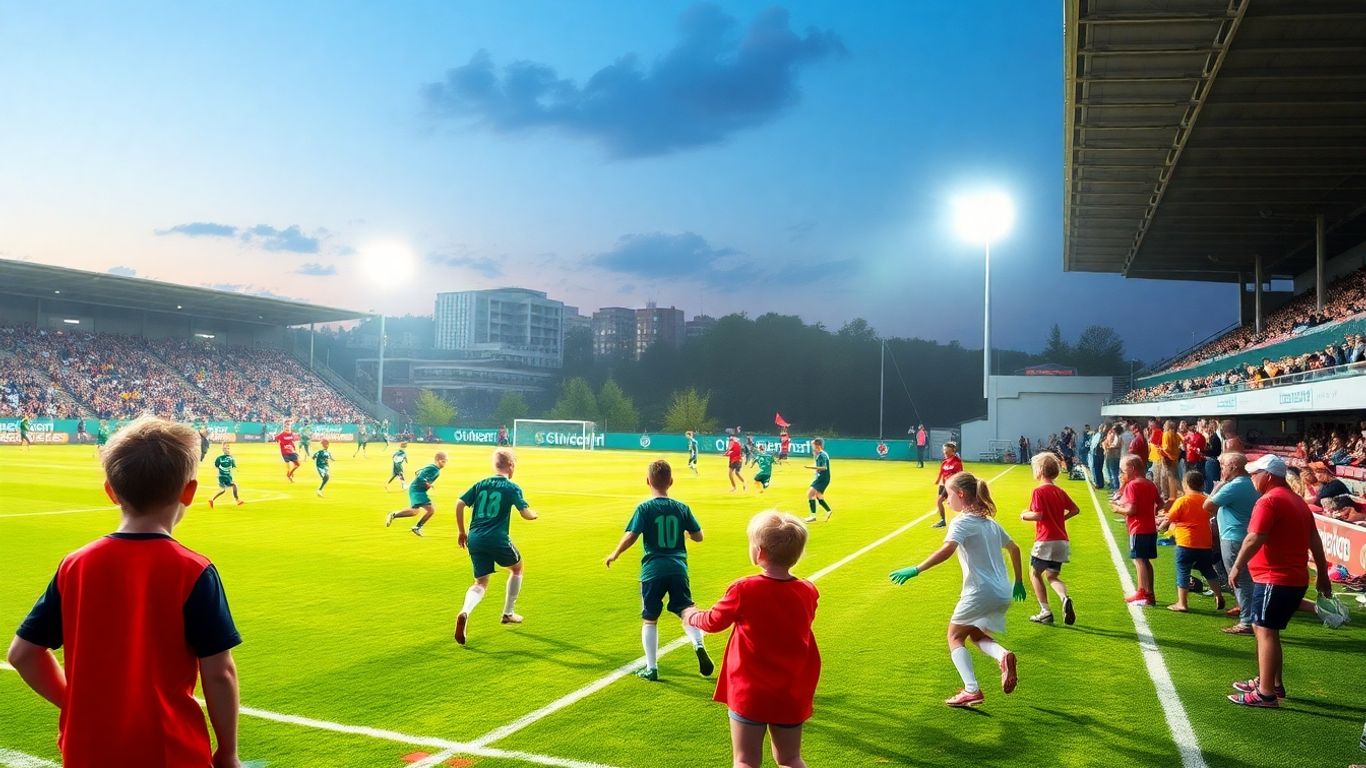 Youth soccer match with cheering families in Stuttgart stadium