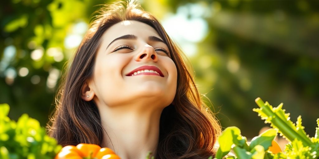 Woman smiling with eyes closed, surrounded by healthy food.