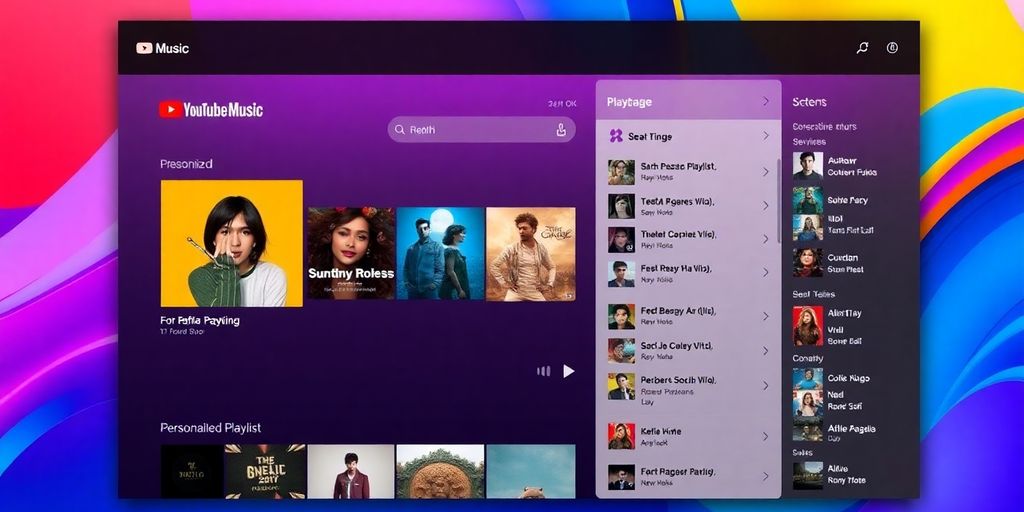 YouTube Music desktop app interface with vibrant playlists.