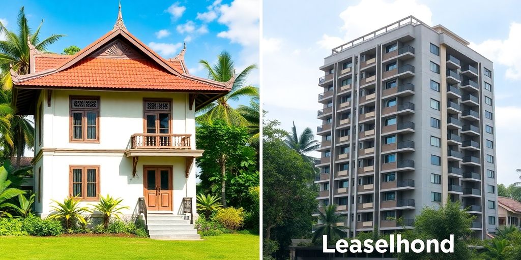 A Thai house and apartment representing ownership types.