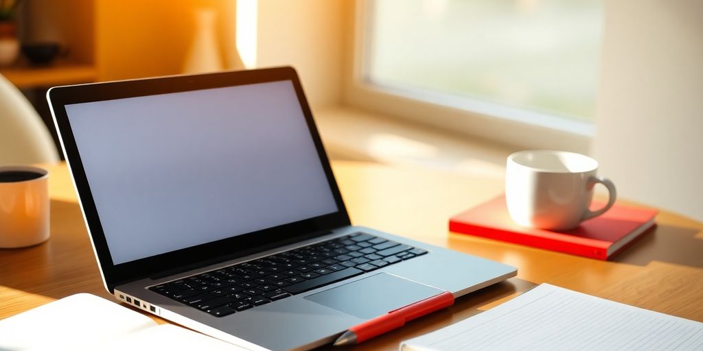 Bright workspace with laptop, notebooks, and coffee cup.