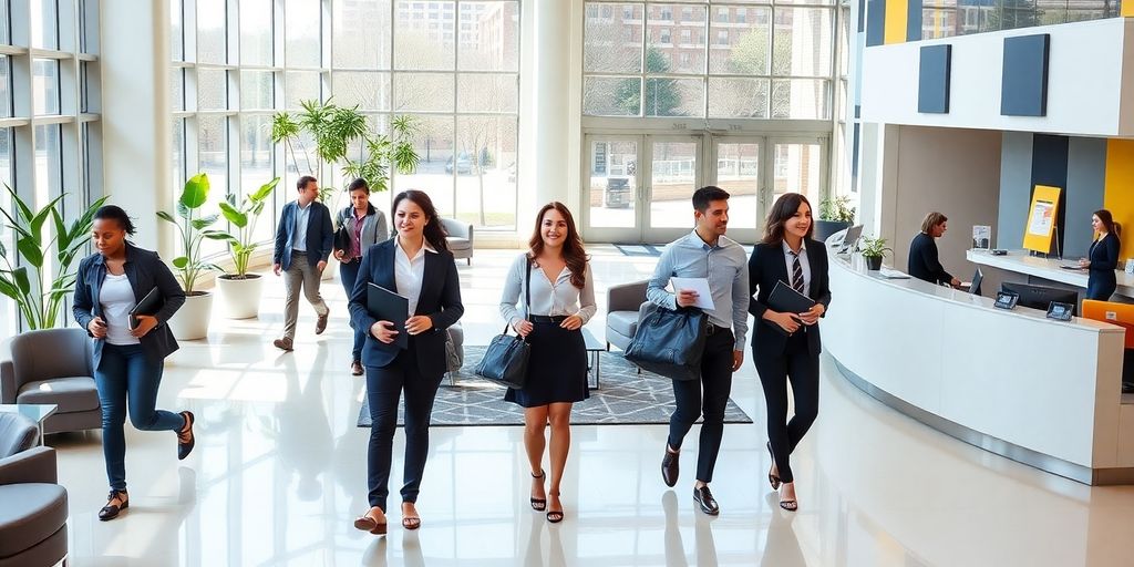 Students in business attire meeting staff in Georgia Tech lobby