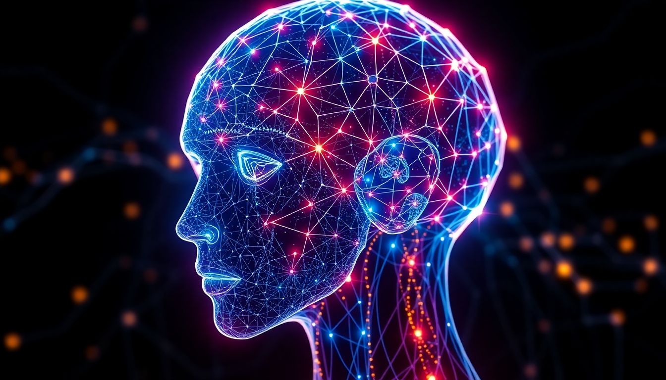 Futuristic AI model with glowing neural connections and patterns.