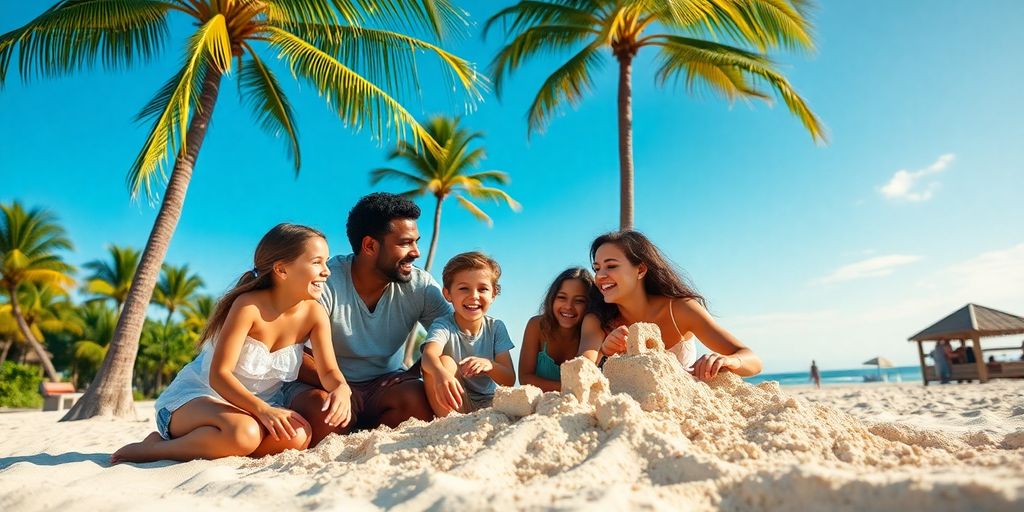 Family playing at the beach during a summer vacation.