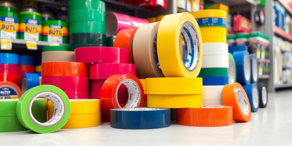 Assorted butyl tape rolls on a hardware store shelf.