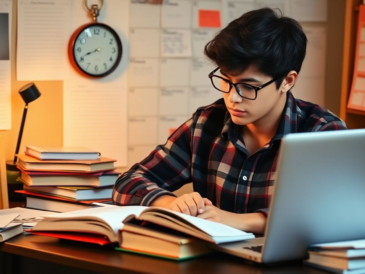 Student studying, textbooks, and laptop.