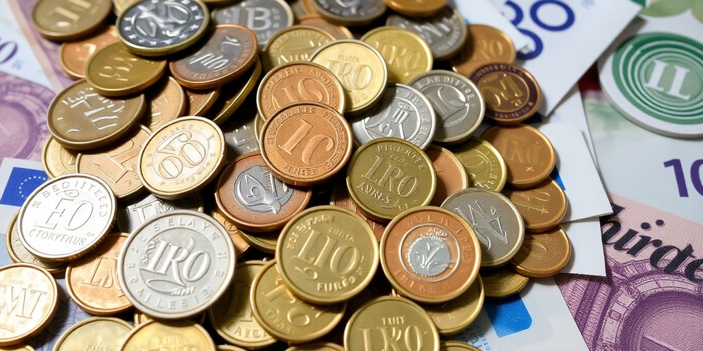 Pile de pièces en euro sur de l'argent liquide.
