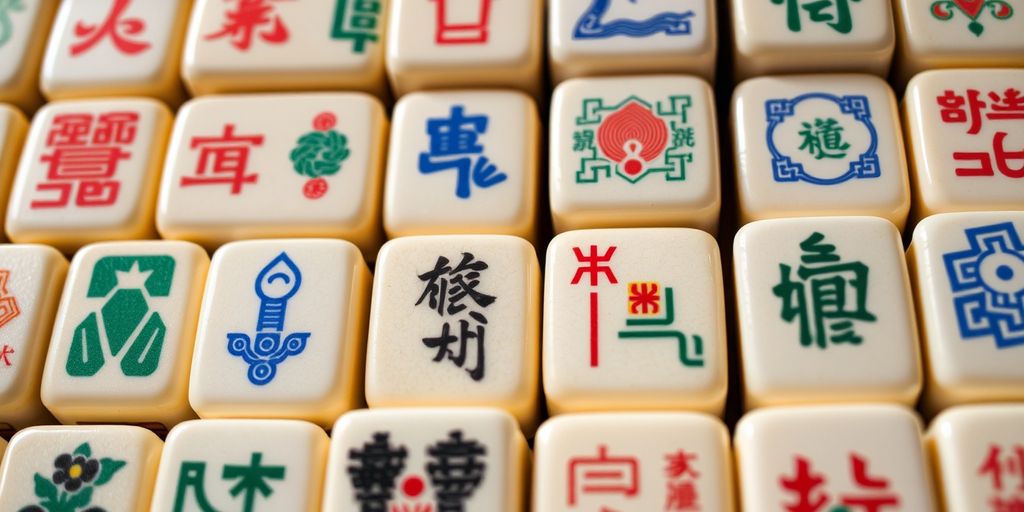 Close-up of colorful Mahjong tiles in a neat grid.