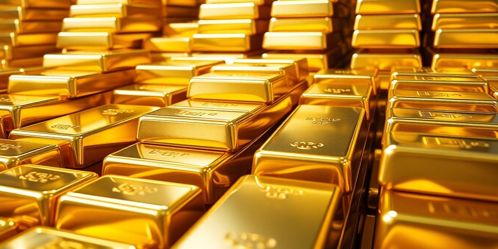 Lingots d'or empilés dans une chambre forte scintillante.