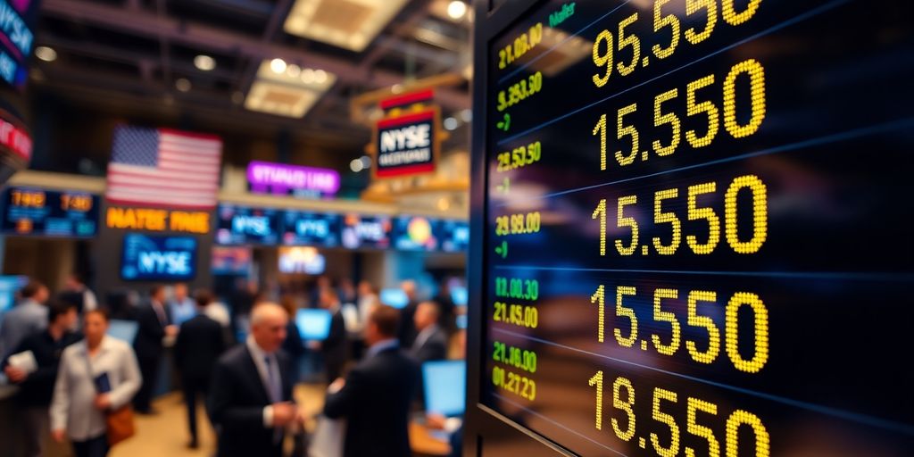 Financial ticker, bustling trading floor, blurred motion