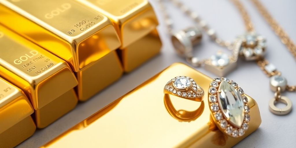 Lingots d'or et bijoux en vue rapprochée.