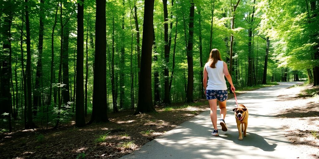 Woman walking dog on sunny forest trail.