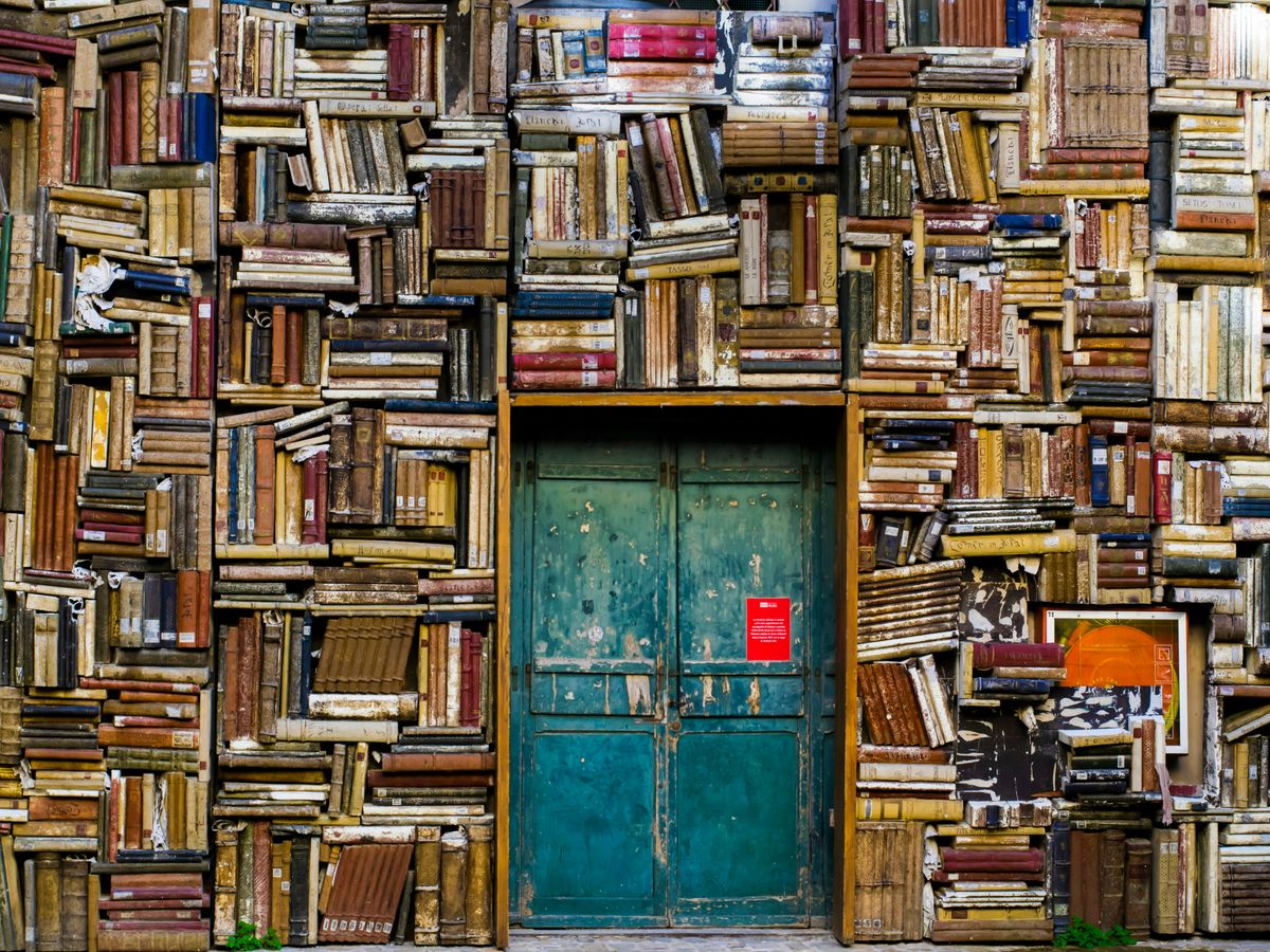 blue wooden door surrounded by book covered wall