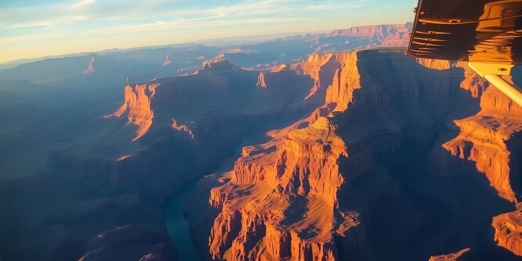 A small airplane flying over the vast Grand Canyon.