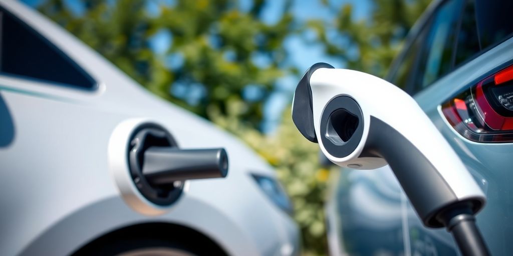 Electric vehicle charging station with a car plugged in.