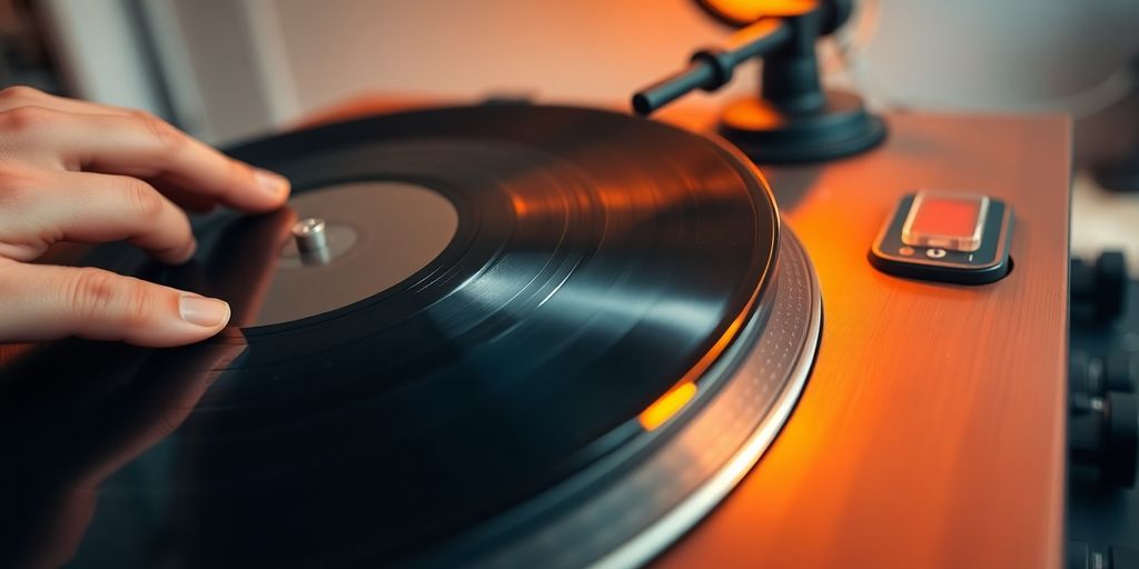 Close-up, person's hands placing vinyl record on turntable.