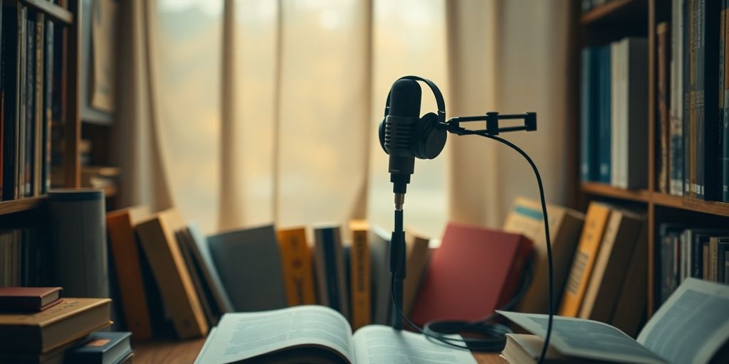 Cozy reading nook for audiobook narration with books.