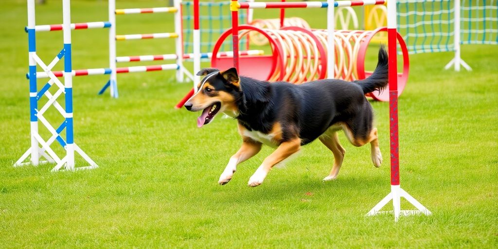 Dog training on agility course with obstacles outdoors.