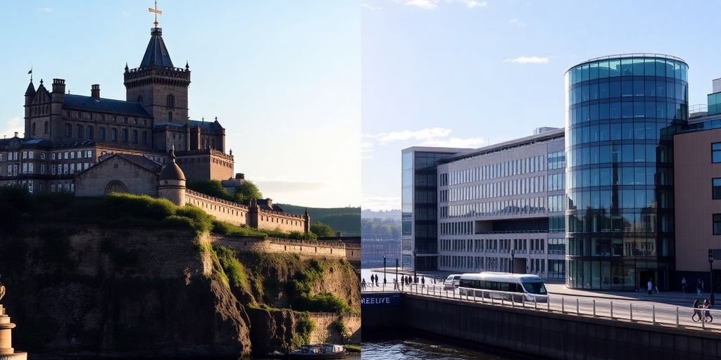 Historic Edinburgh castle, modern Glasgow river, vibrant city life.
