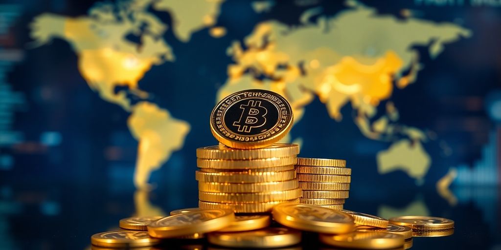 Pièces d'or brillantes sur fond de carte mondiale.