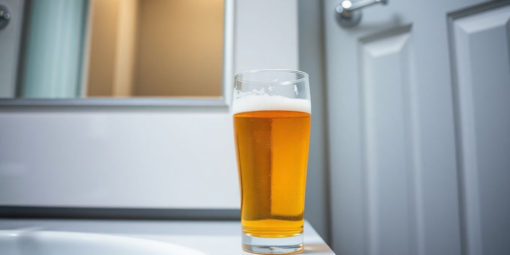 Beer glass next to a bathroom door.