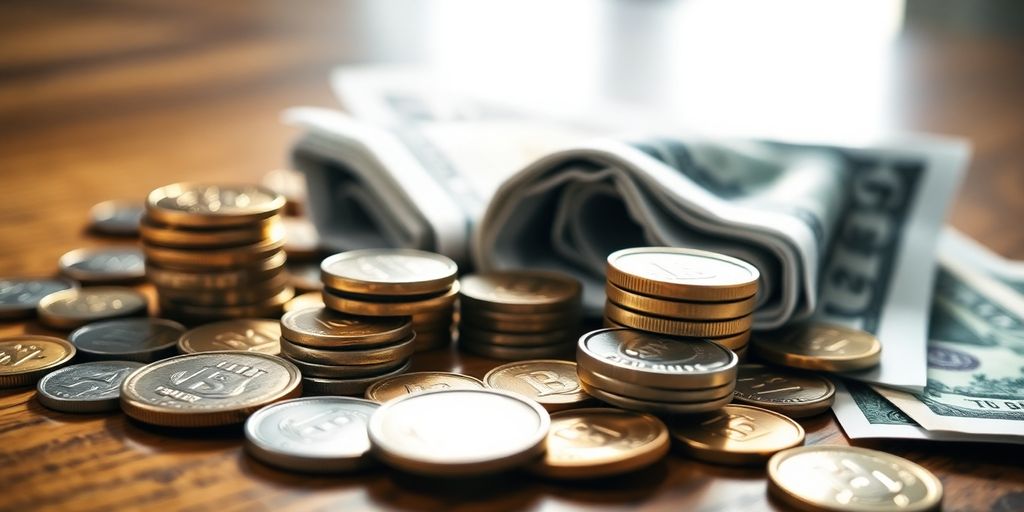 Coins and bills on a wooden table, representing investment.
