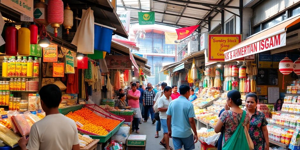 Marché local animé avec différents vendeurs et produits.