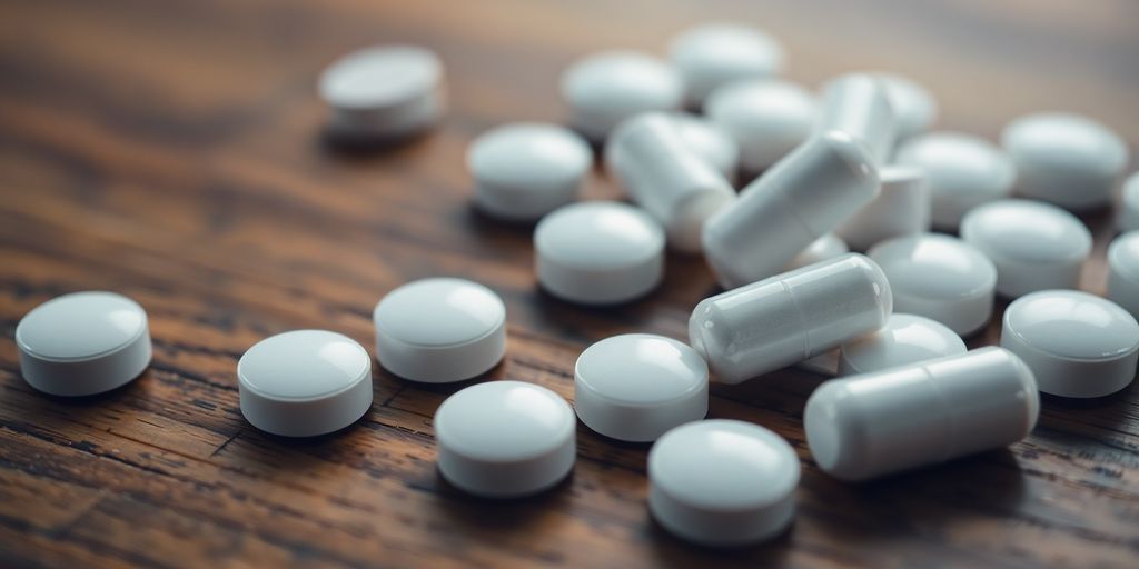 Close-up of tramadol tablets on a wooden surface.