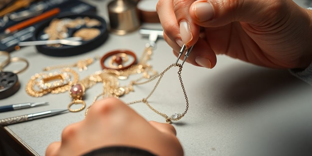 Close-up of hands repairing a necklace.