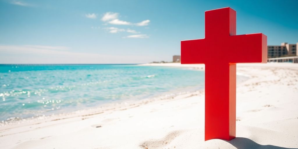Beach resort with ocean, medical cross.