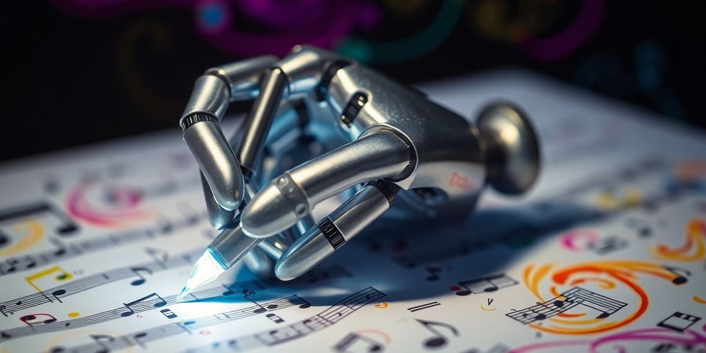 Robot writing music notes with glowing pen.