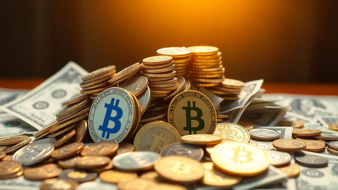 Cryptocurrency and dollar bills accumulating, signifying wealth growth.