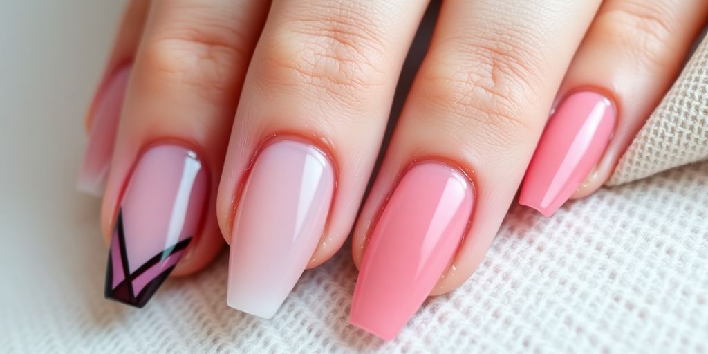 Unhas de gel bem feitas com designs coloridos e brilhantes.