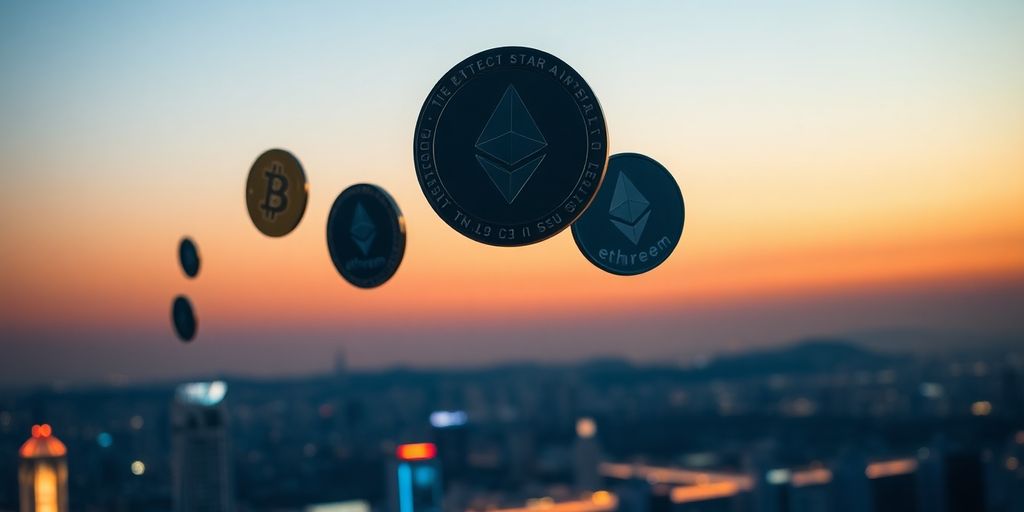 Digital coins soaring over futuristic city.