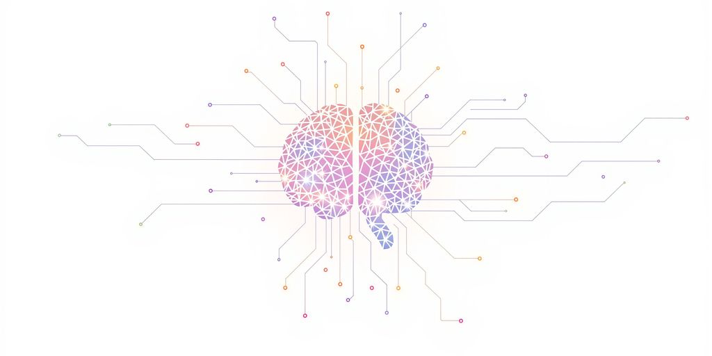 AI brain interacting with glowing digital network nodes.