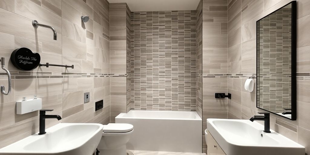 Modern bathroom construction with sleek fixtures and stylish tiles.