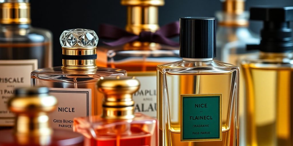 Frascos de perfume de nicho e designer em exibição.