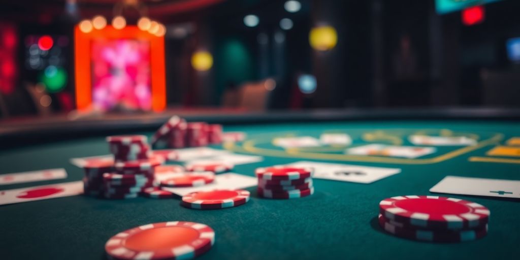Poker table with chips and cards in a casino setting.
