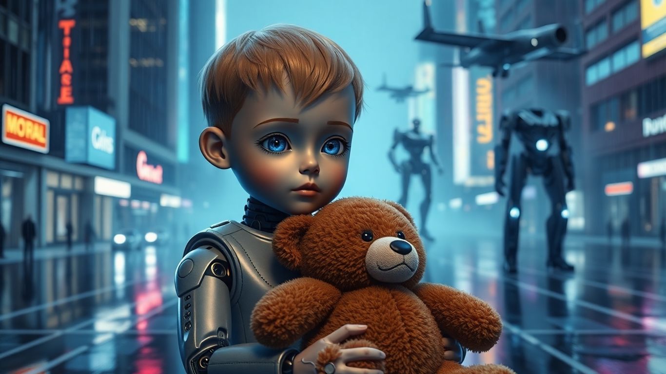 Child android with teddy bear in neon-lit rainy future city.