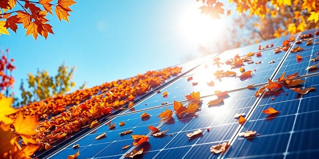 Solar panels surrounded by colorful autumn leaves and sunlight.