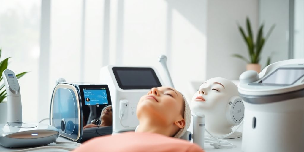 A variety of facial machines in a bright workspace.