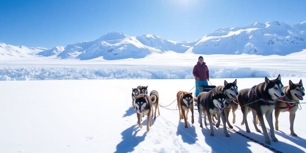A team of sled dogs pulls a musher on a glacier.